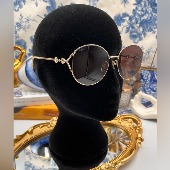 🆕 GUCCI 🧿 NWOT GG1017 Light Gold Metal Rimmed Round Sunglasses Brown Gradient - Picture 14 of 16